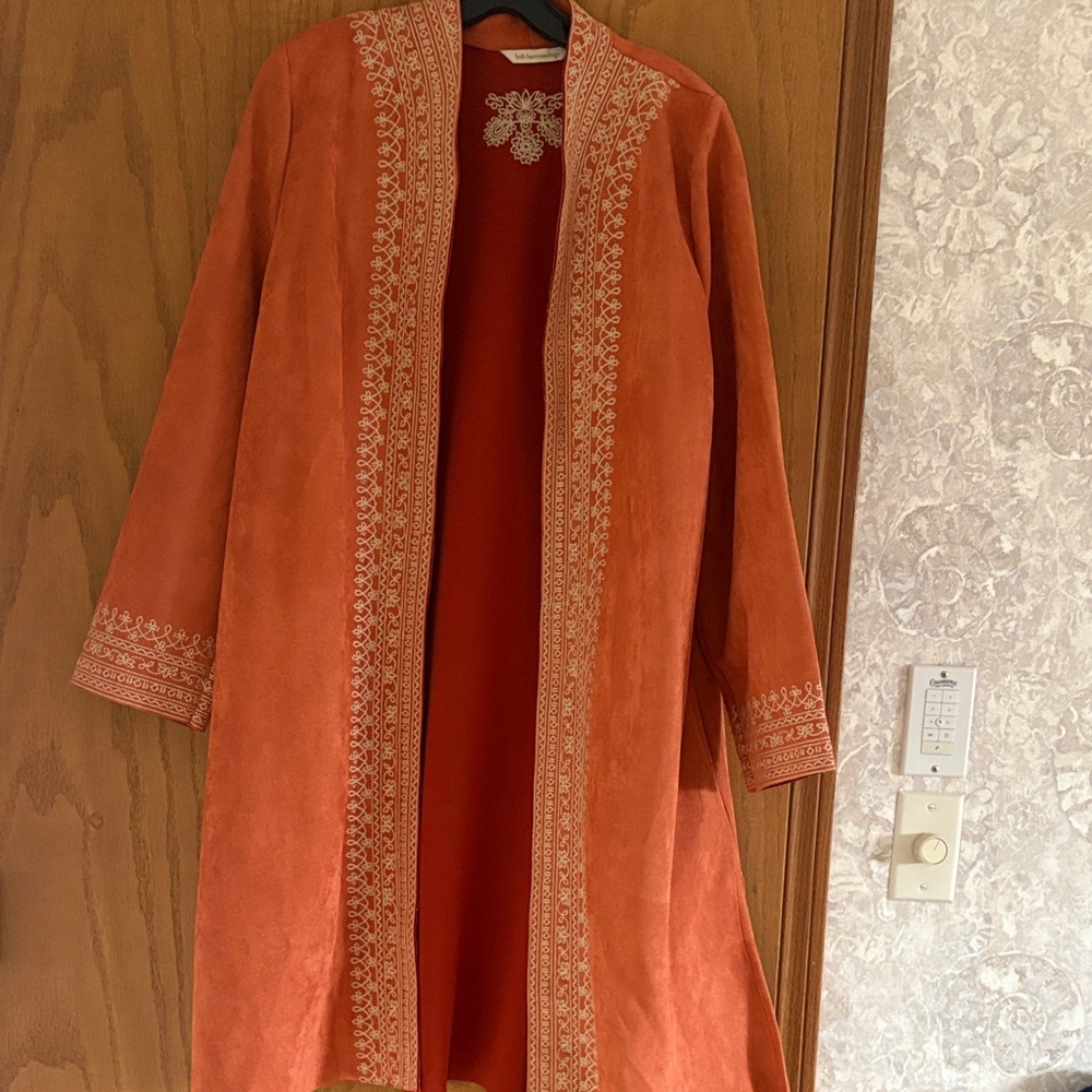 Soft Surroundings Rust Orange Embroidered Open Jacket